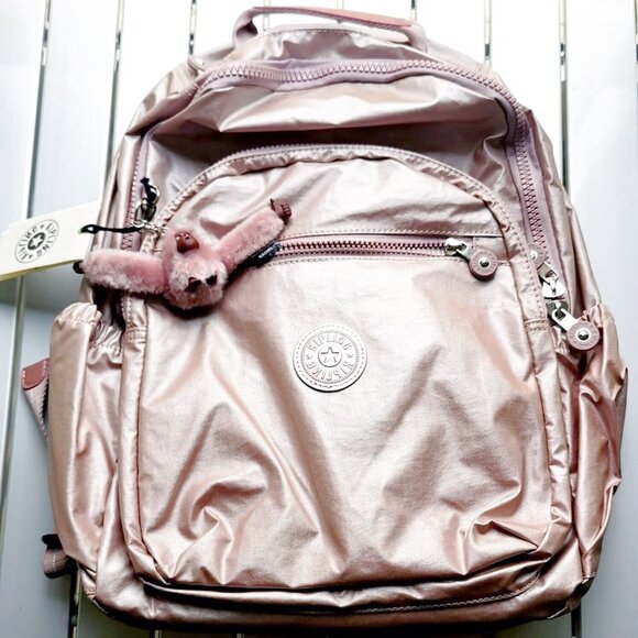brand new Kipling reduced Large 44cm 15" Laptop Seoul Backpack rose gold pink - Picture 1 of 15